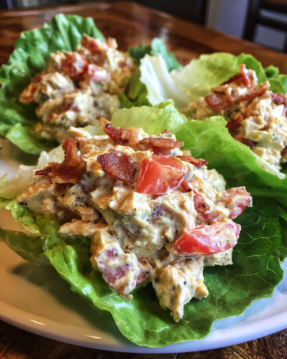 Three lettuce wraps filled with BLT Chicken Salad, topped with bacon and tomato.