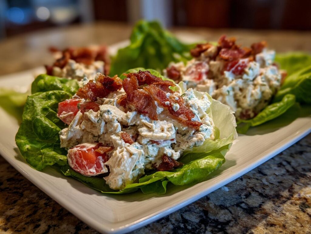 Three servings of BLT Chicken Salad served in lettuce cups and topped with crispy bacon.