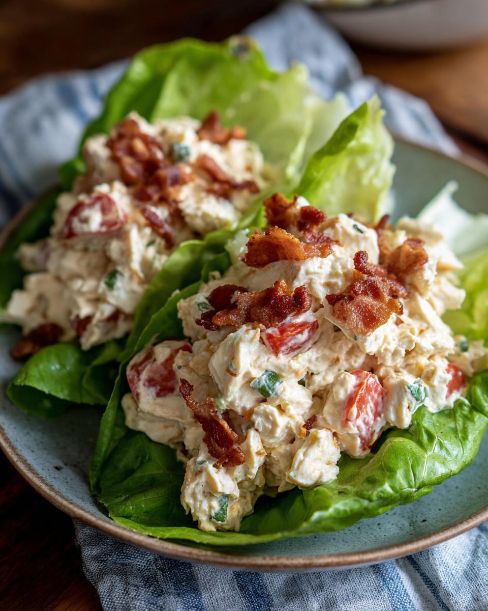 Two servings of BLT Chicken Salad served in crisp lettuce cups, topped with crumbled bacon.
