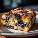 A slice of Blueberry Buttermilk Pancake Casserole on a plate, showing blueberries and a golden crust.