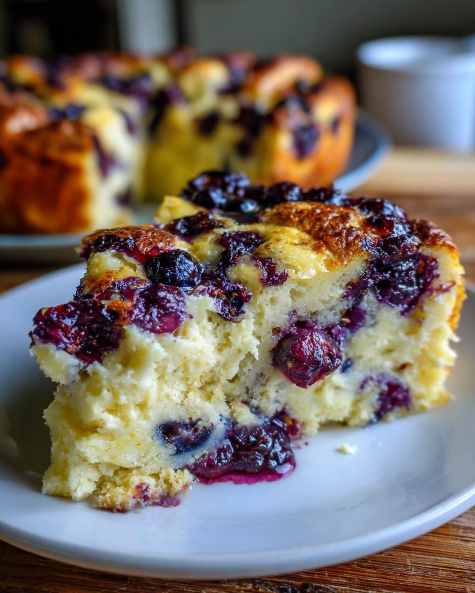 A slice of Blueberry Buttermilk Pancake Casserole on a white plate, showcasing the blueberries and texture.