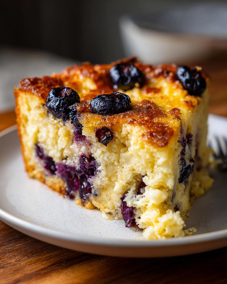A slice of Blueberry Buttermilk Pancake Casserole on a plate, topped with fresh blueberries.