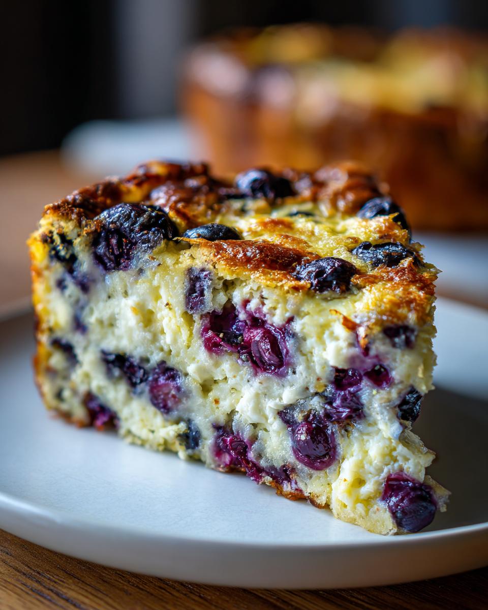 A slice of Blueberry Buttermilk Pancake Casserole on a white plate, showcasing blueberries and golden-brown crust.