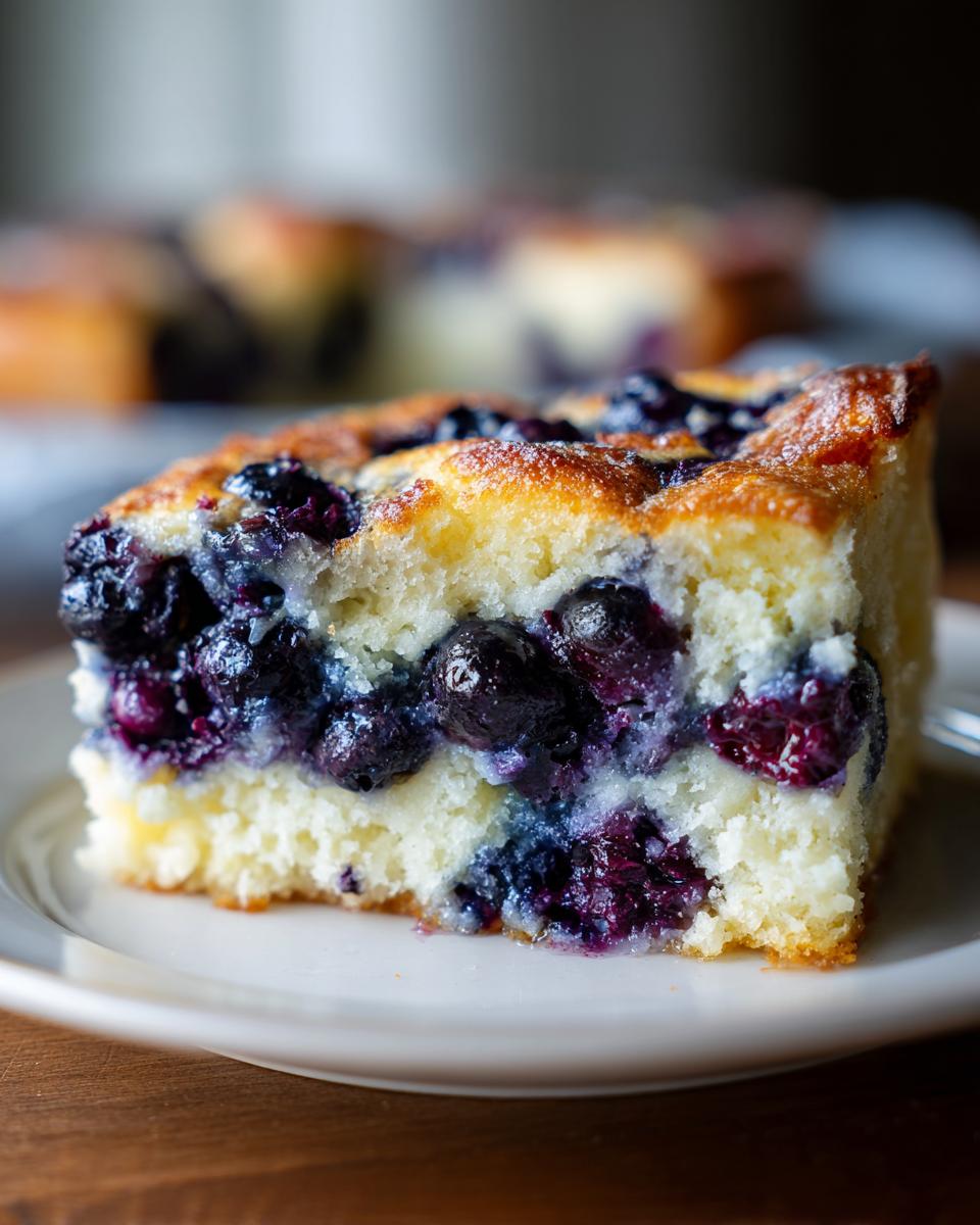 A slice of Blueberry Buttermilk Pancake Casserole on a white plate, showcasing the blueberries.