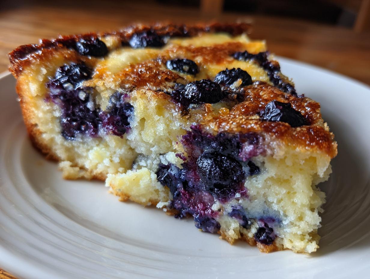 A delicious slice of Blueberry Buttermilk Pancake Casserole on a white plate, showcasing blueberries and golden crust.