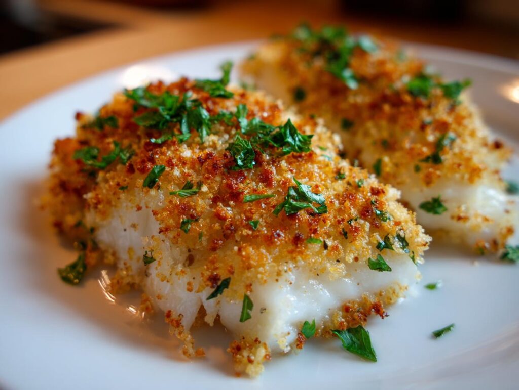 Two pieces of Boston Baked Cod on a white plate, topped with golden breadcrumbs and fresh parsley.