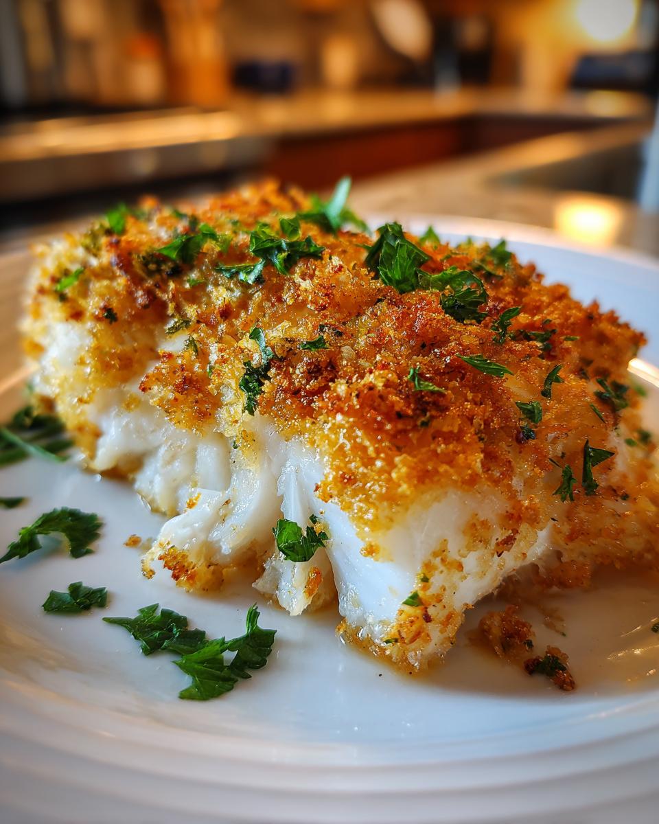 Close-up of Boston Baked Cod fillet with a golden crust and parsley garnish on a white plate.