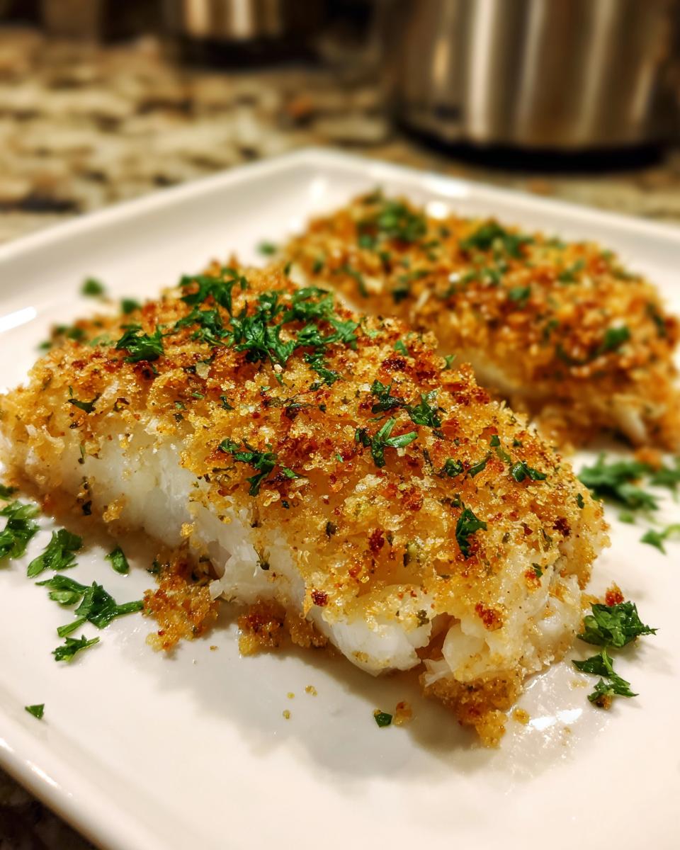 Two pieces of Boston Baked Cod on a white plate, topped with golden breadcrumbs and fresh herbs.