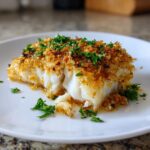 A serving of Boston Baked Cod, showcasing the flaky fish and golden-brown breadcrumb topping, garnished with parsley.