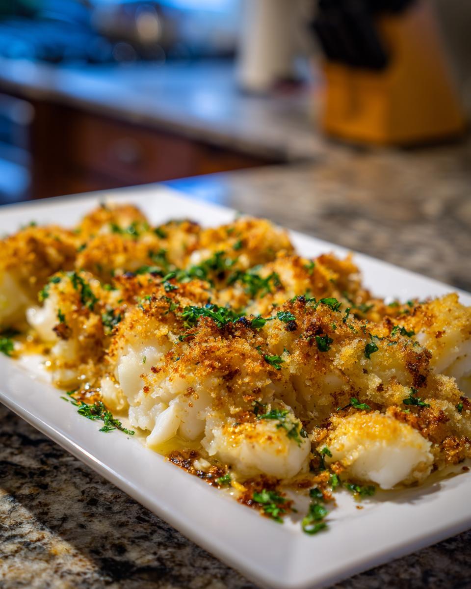 A platter of Boston Baked Cod, topped with golden breadcrumbs and fresh parsley.