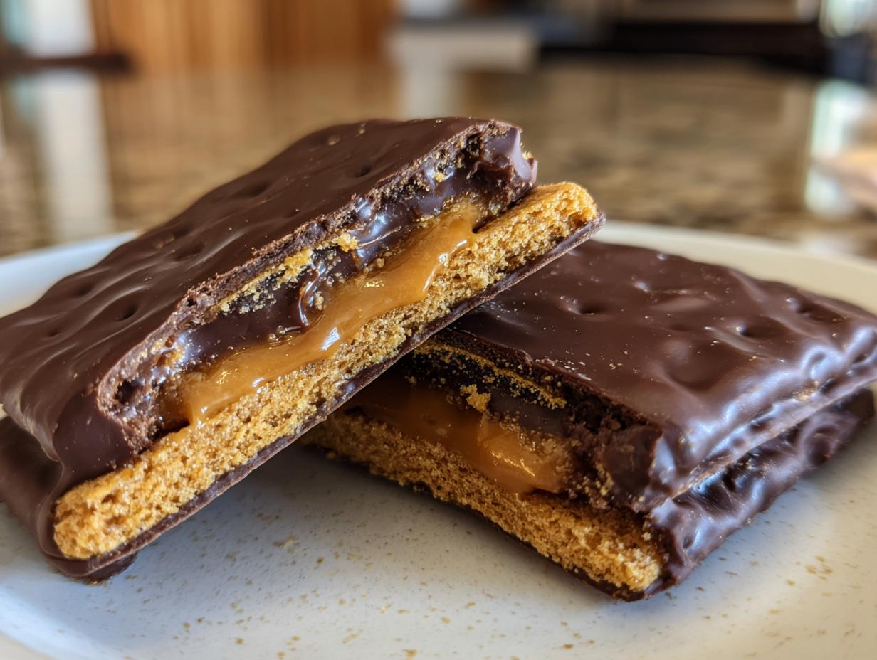 Close-up of Buckeye Graham Crackers, cut open to show the peanut butter filling and chocolate coating.