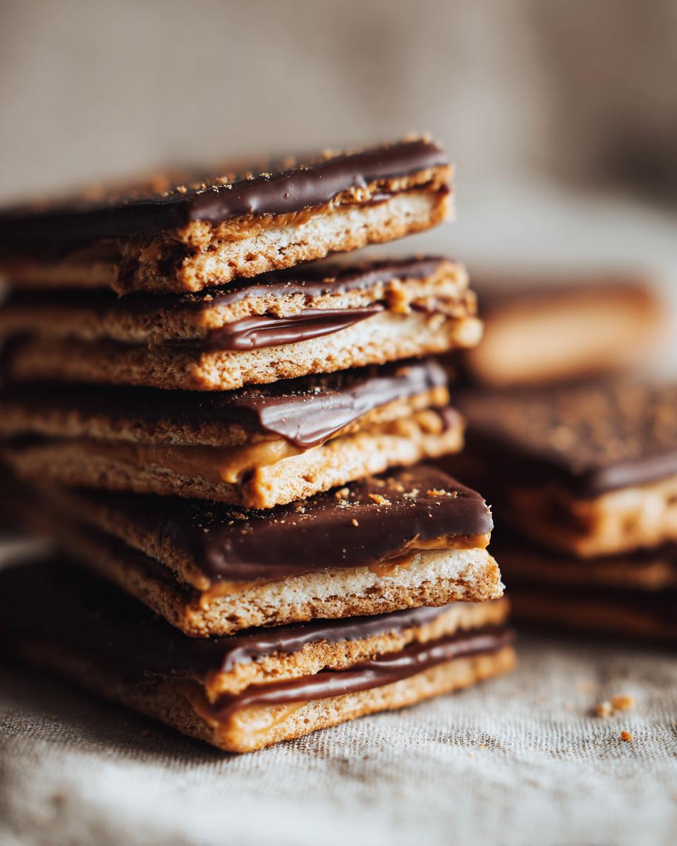 A stack of delicious Buckeye Graham Crackers, featuring layers of graham crackers, peanut butter filling, and chocolate topping.
