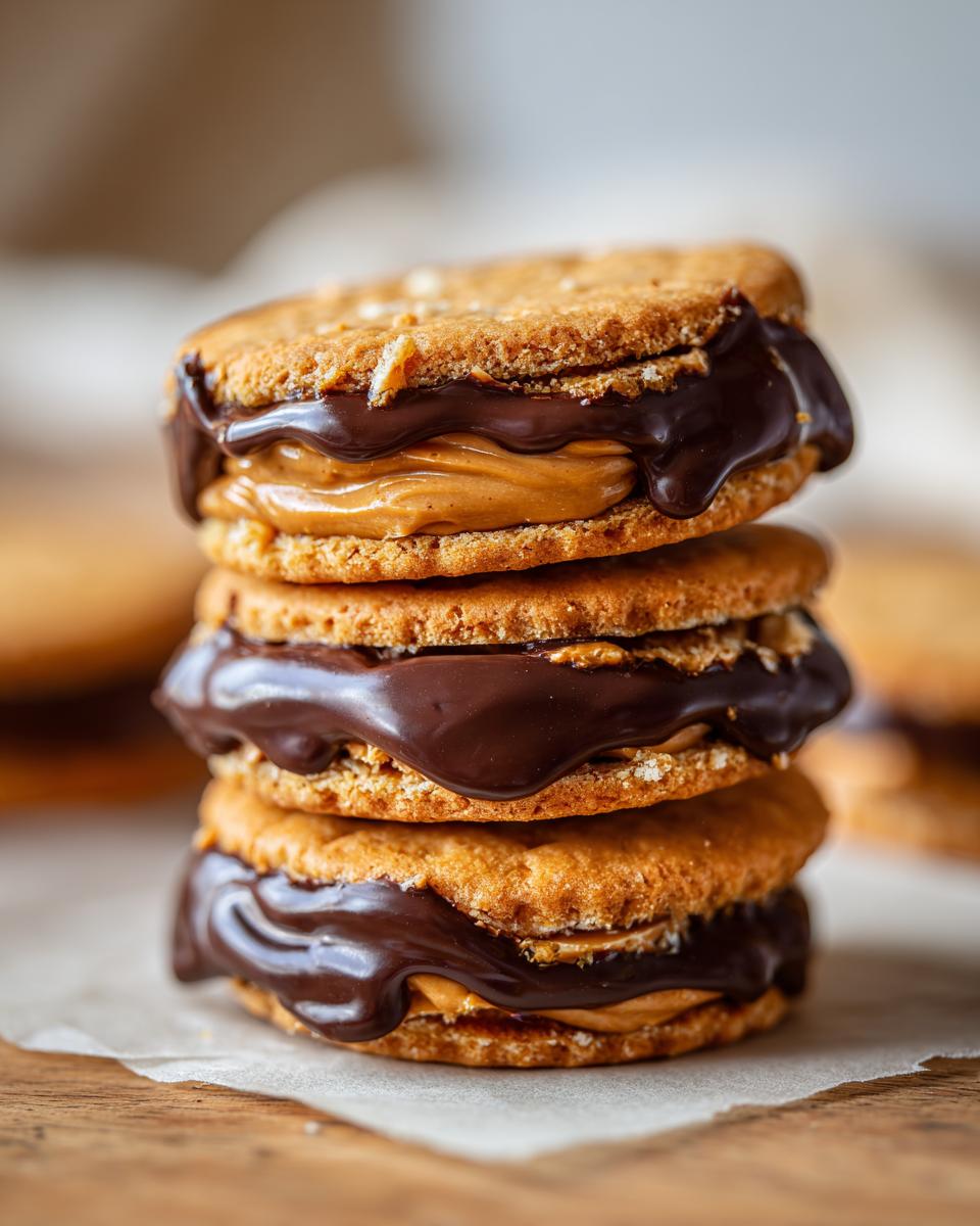 A stack of three Buckeye Graham Crackers, filled with peanut butter and topped with chocolate.