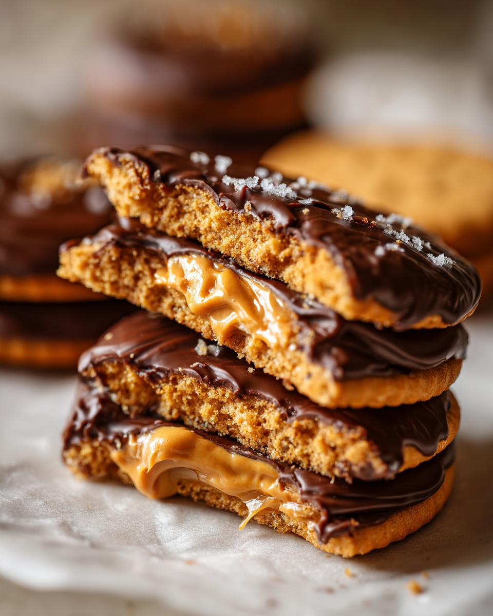 Close-up of stacked Buckeye Graham Crackers with peanut butter filling and chocolate topping.