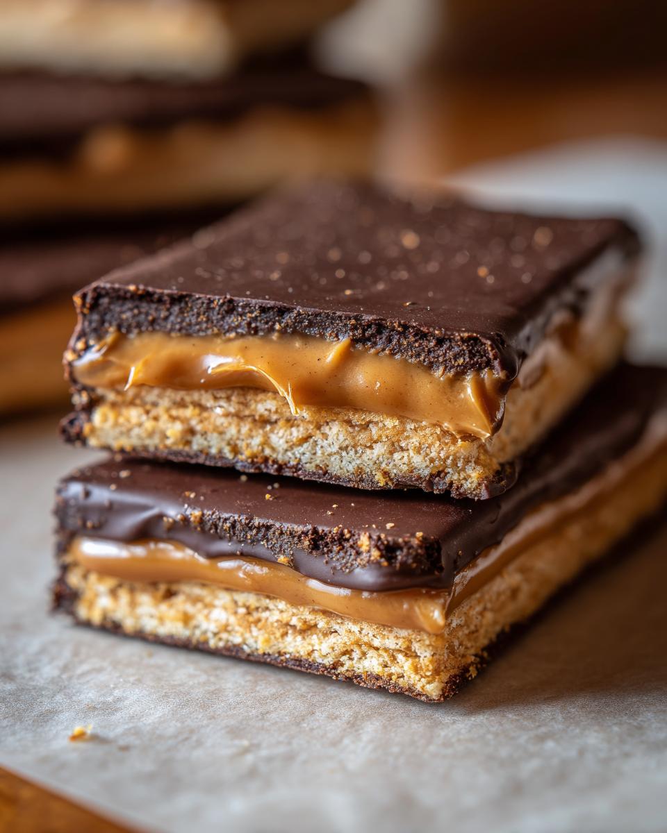 Two stacked Buckeye Graham Crackers showing layers of graham cracker, peanut butter filling, and chocolate topping.