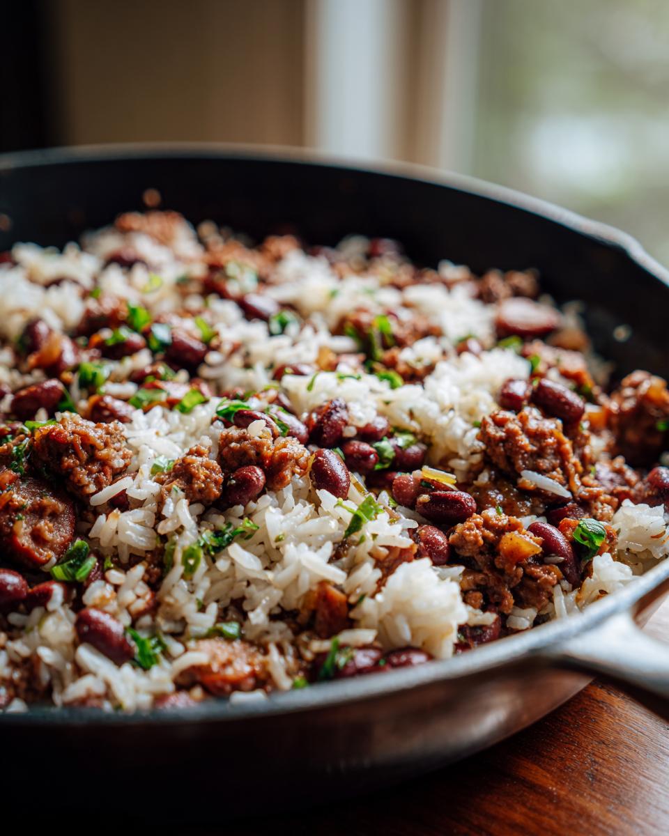 A skillet filled with rice, beans, and caramelized pulled beef brisket, garnished with fresh herbs.