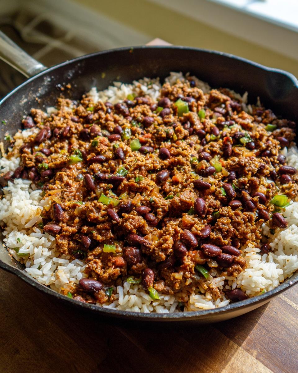 A skillet of Caramelized Pulled Beef Brisket served over white rice with kidney beans and green peppers.