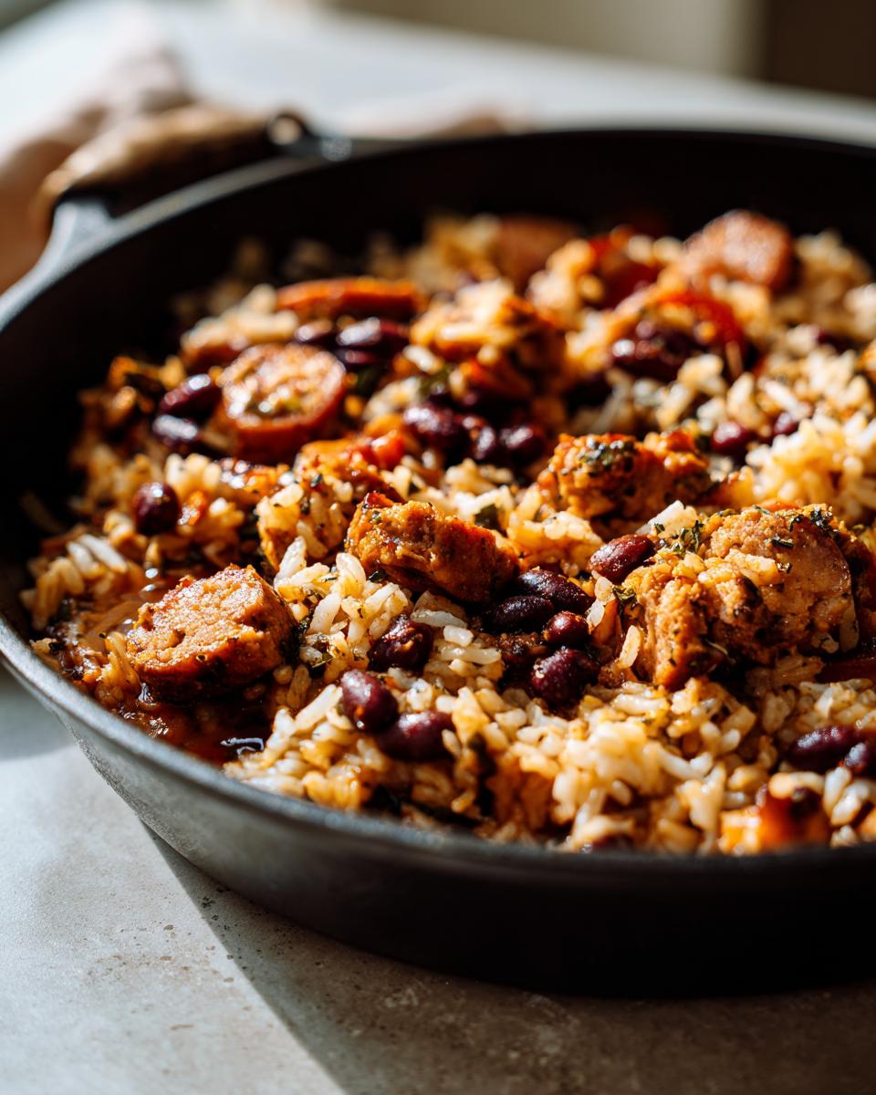 Close-up of Caramelized Pulled Beef Brisket with rice, beans, and sausage in a cast iron skillet.