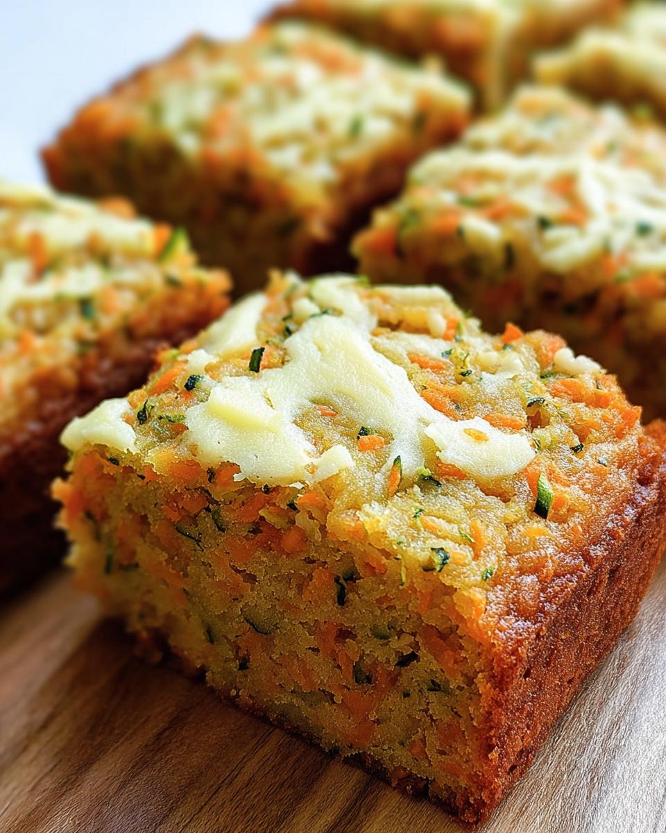 Close-up of Carrot And Zucchini Bars with cream cheese frosting on a wooden board.