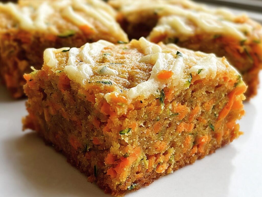 Close-up of a square Carrot And Zucchini Bar with white icing on top. More bars are visible in the background.