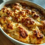 Close-up of freshly baked Cheddar and Herb Soda Bread in a white baking dish, golden brown and bubbly.