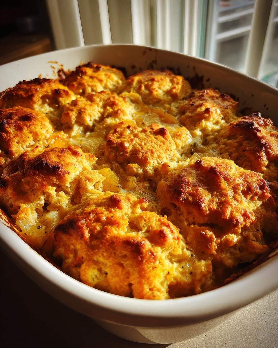 Close-up of a baking dish filled with golden Cheddar and Herb Soda Bread, fresh from the oven.