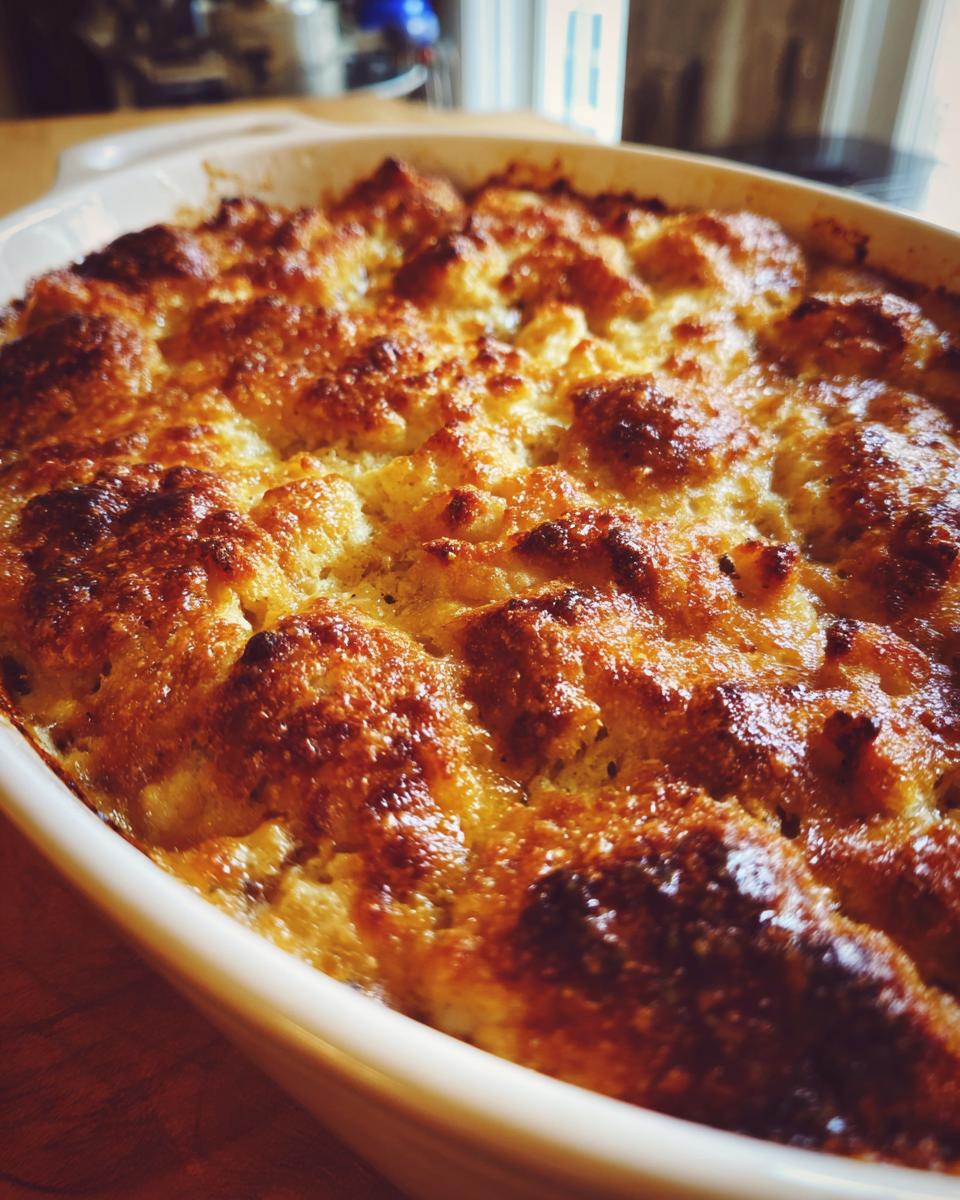 Close-up of freshly baked Cheddar and Herb Soda Bread in a white baking dish, golden-brown crust.