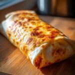 A single cheesy Buffalo Chicken Burrito sits on a wooden cutting board, showcasing its golden-brown, melted cheese topping.