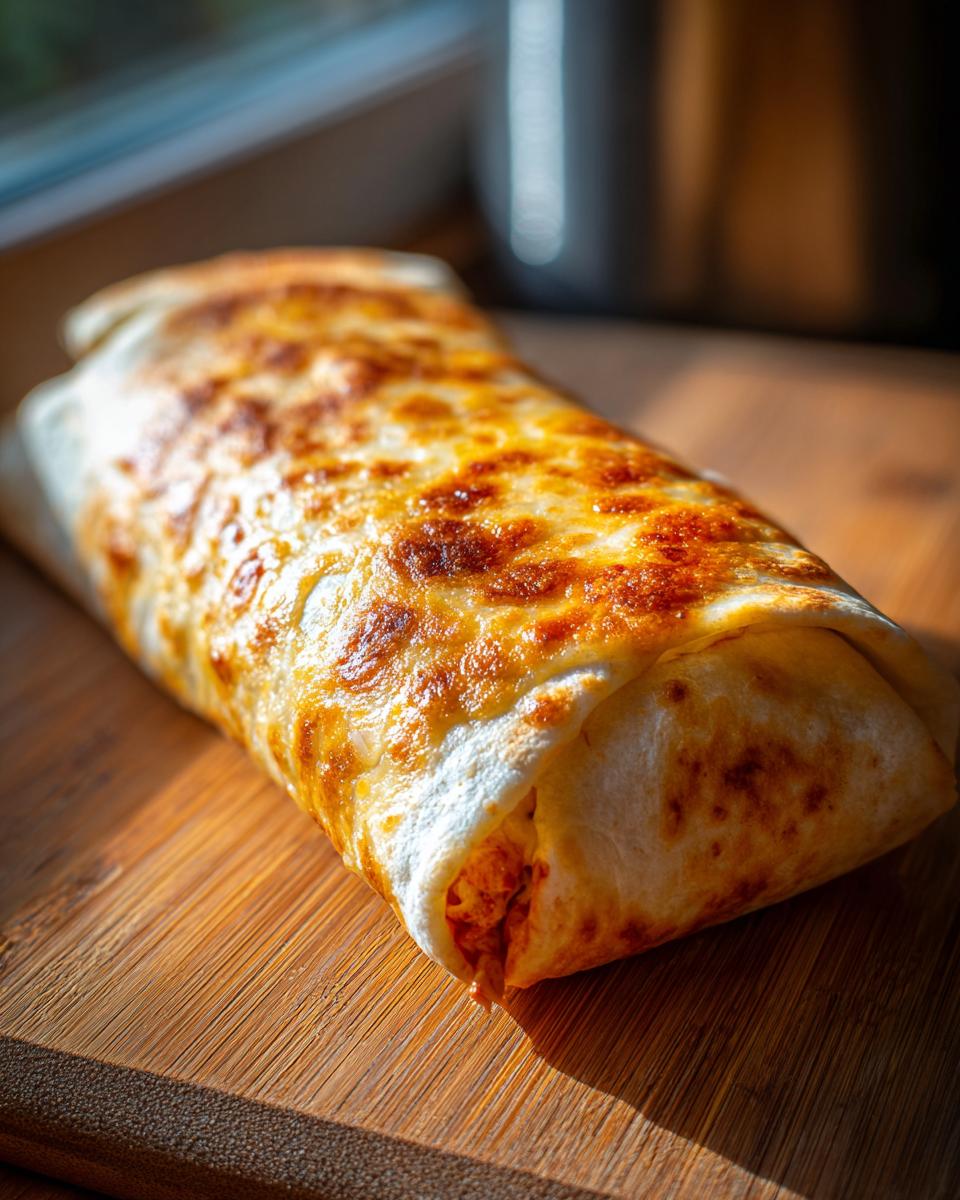A single cheesy Buffalo Chicken Burrito sits on a wooden cutting board, showcasing its golden-brown, melted cheese topping.