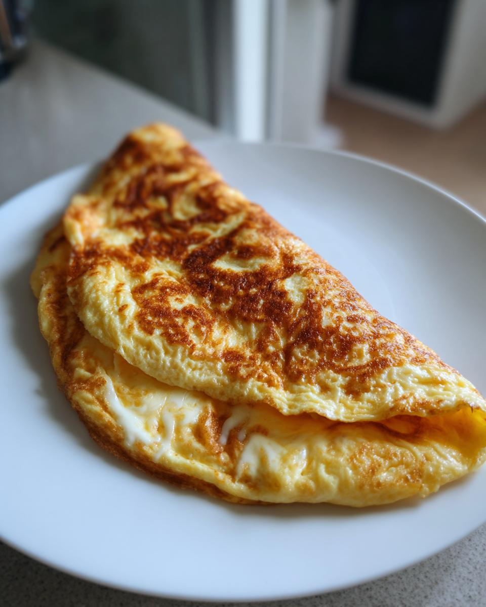 A freshly cooked cheesy omelette, folded and served on a white plate, showcasing its golden-brown exterior.