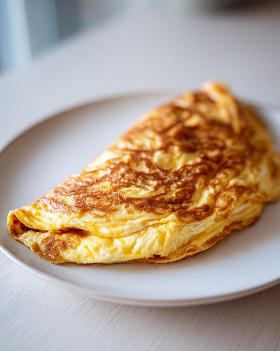 A close-up of a golden-brown cheesy omelette served on a white plate, ready to eat.