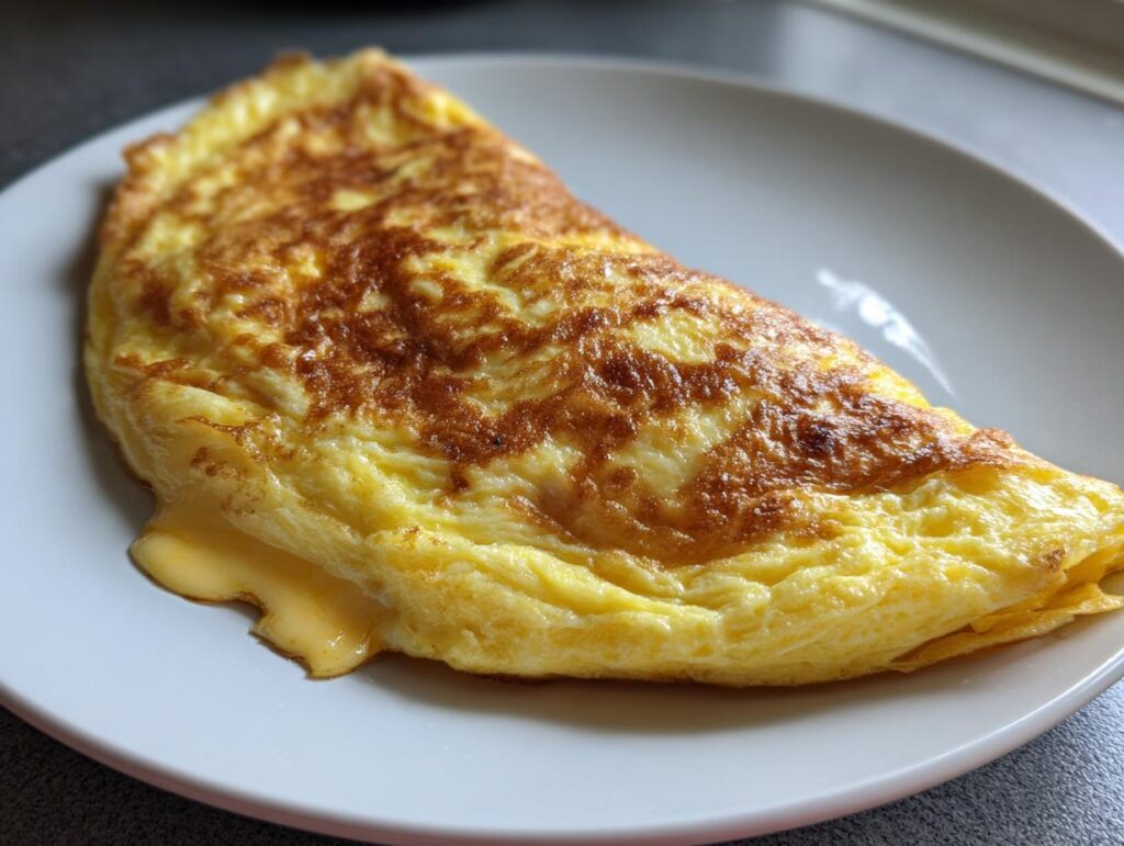 A golden cheesy omelette sits on a white plate, with melted cheese oozing out.