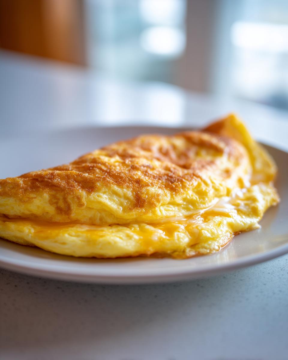 Close-up of a golden cheesy omelette on a white plate, showcasing its melted cheese filling.