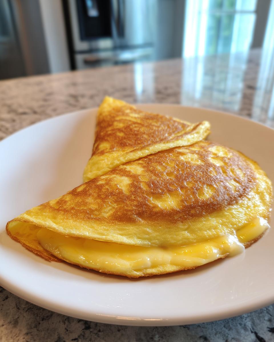 A golden cheesy omelette folded on a white plate, showcasing melted cheese inside.