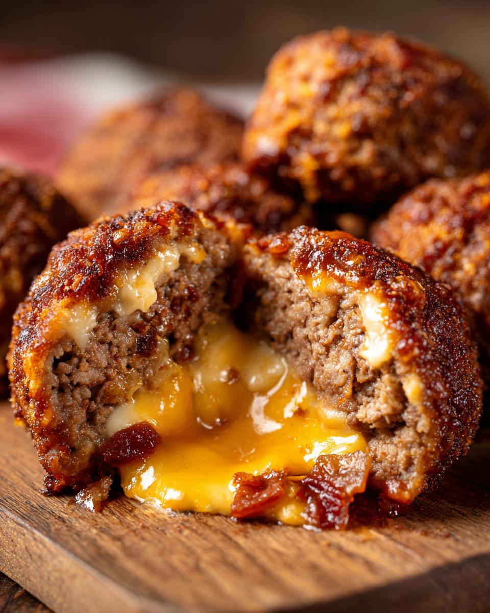 A halved cheesy stuffed meatloaf bite showing melted cheese oozing out, surrounded by whole meatloaf bites.