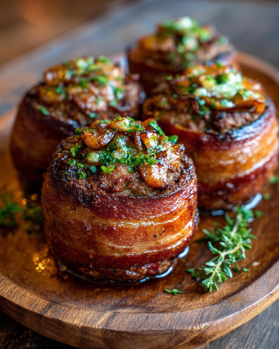 Four Cheesy Stuffed Meatloaf Bites wrapped in bacon, topped with herbs, on a wooden plate.