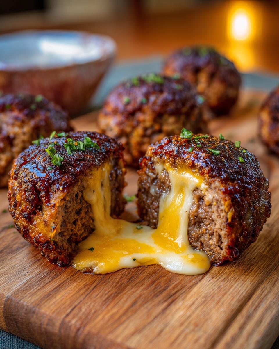 A Cheesy Stuffed Meatloaf Bites cut in half, revealing melted cheese oozing out, on a wooden board.
