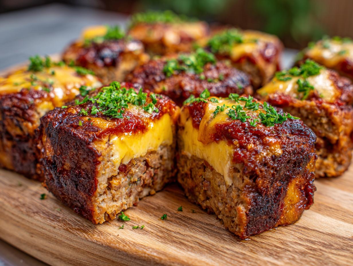 Close-up of Cheesy Stuffed Meatloaf Bites on a wooden board, topped with parsley.