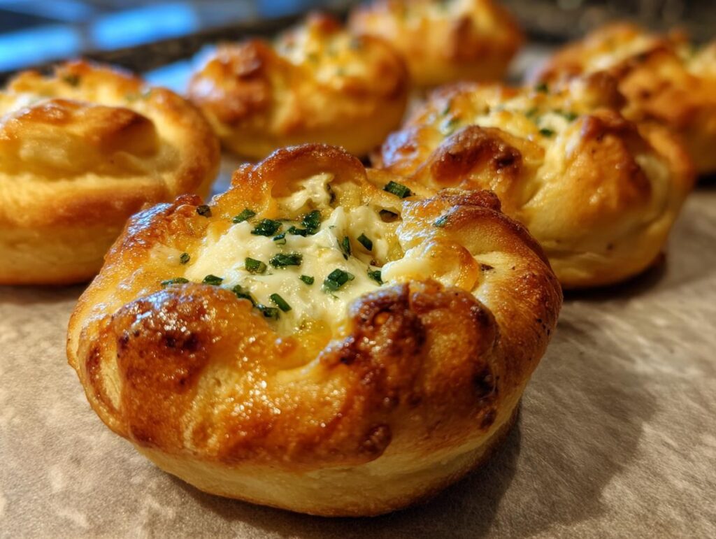 Close-up of golden Cheesy Thumbprint Appetizers topped with cheese and chives on a baking sheet.