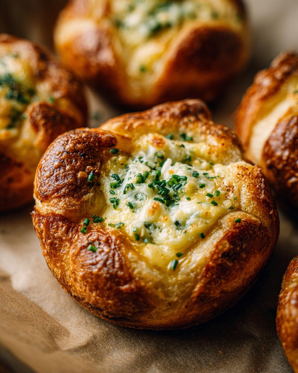 Close-up of golden brown Cheesy Thumbprint Appetizers topped with melted cheese and fresh chives.
