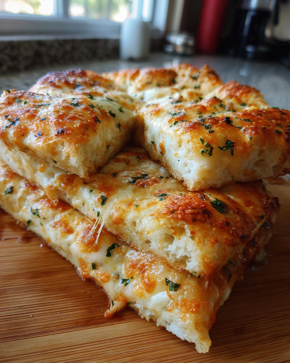 Close-up of stacked slices of cheesy tortilla garlic bread with melted cheese and herbs.