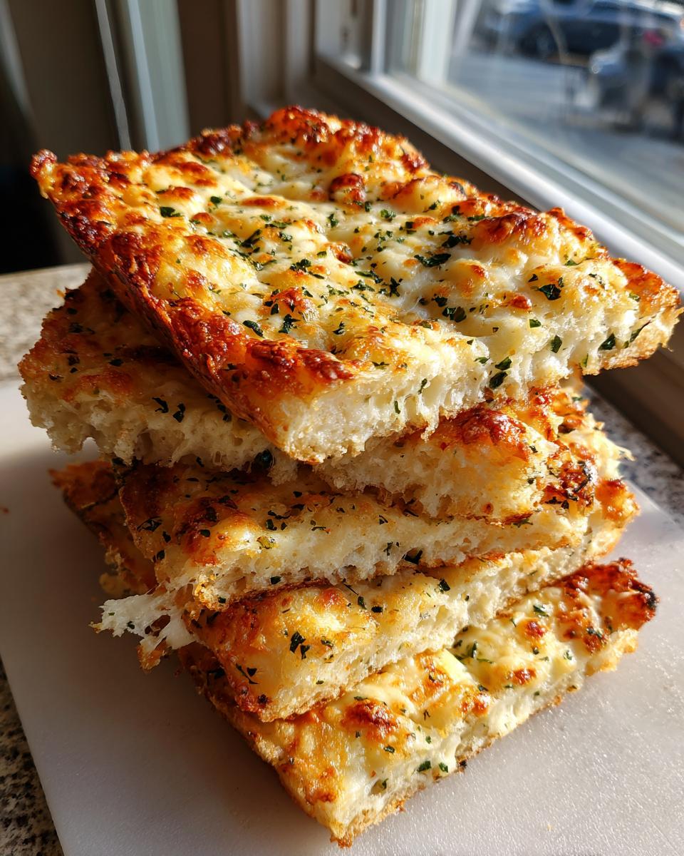 A stack of golden, cheesy tortilla garlic bread slices, topped with herbs and melted cheese. Delicious!