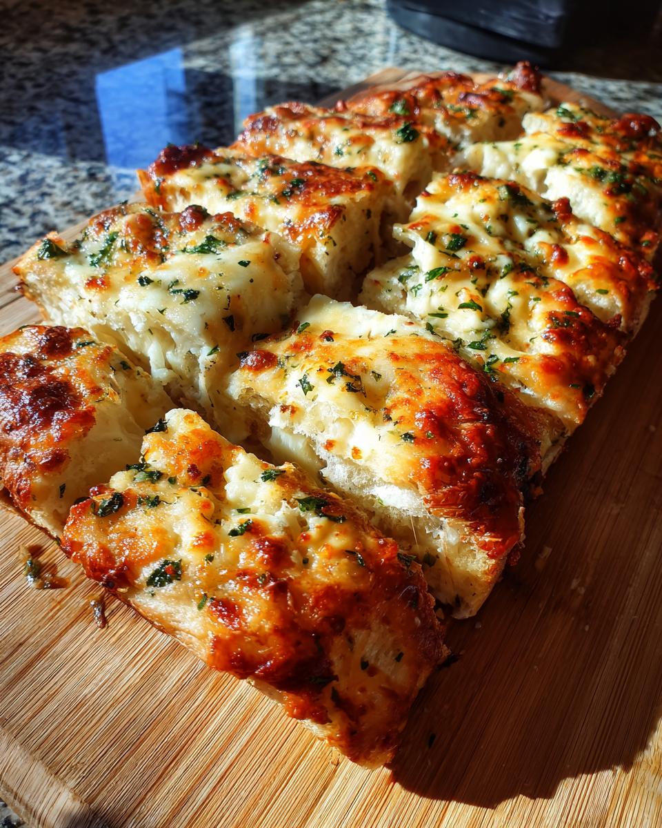 Close-up of sliced cheesy tortilla garlic bread on a wooden board, topped with melted cheese and herbs.
