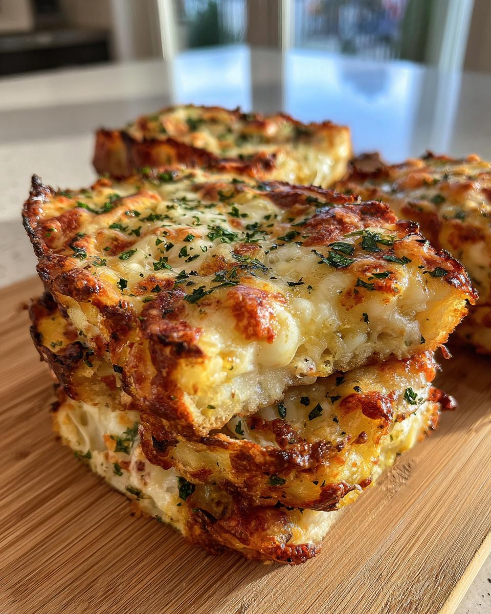 A stack of cheesy tortilla garlic bread slices, topped with melted cheese and fresh herbs. Delicious cheesy tortilla garlic bread recipe.