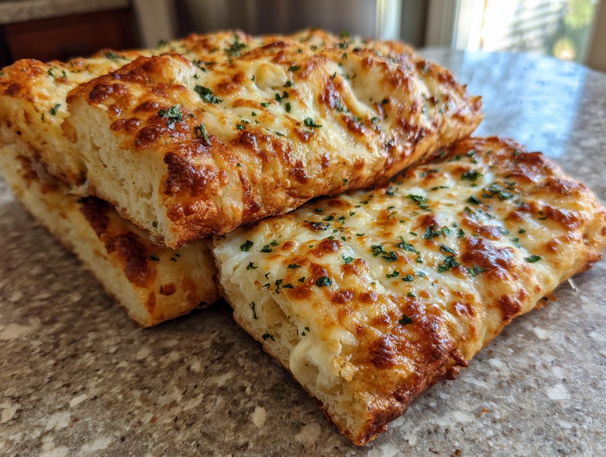 Close-up of stacked slices of cheesy tortilla garlic bread, topped with melted cheese and herbs.