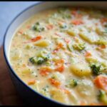 Close-up of a bowl of Cheesy Vegetable Chowder, featuring broccoli, carrots, and potatoes in a creamy broth.