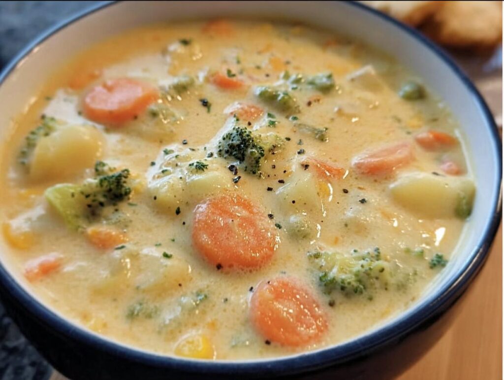 A comforting bowl of Cheesy Vegetable Chowder with broccoli, carrots, and potatoes.
