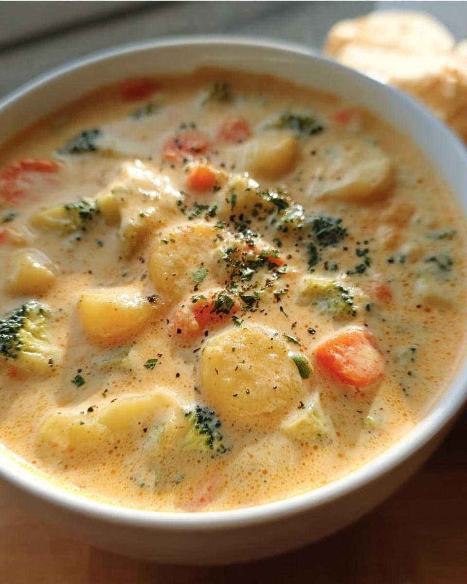 Close-up of a bowl of creamy Cheesy Vegetable Chowder with potatoes, broccoli, and carrots.
