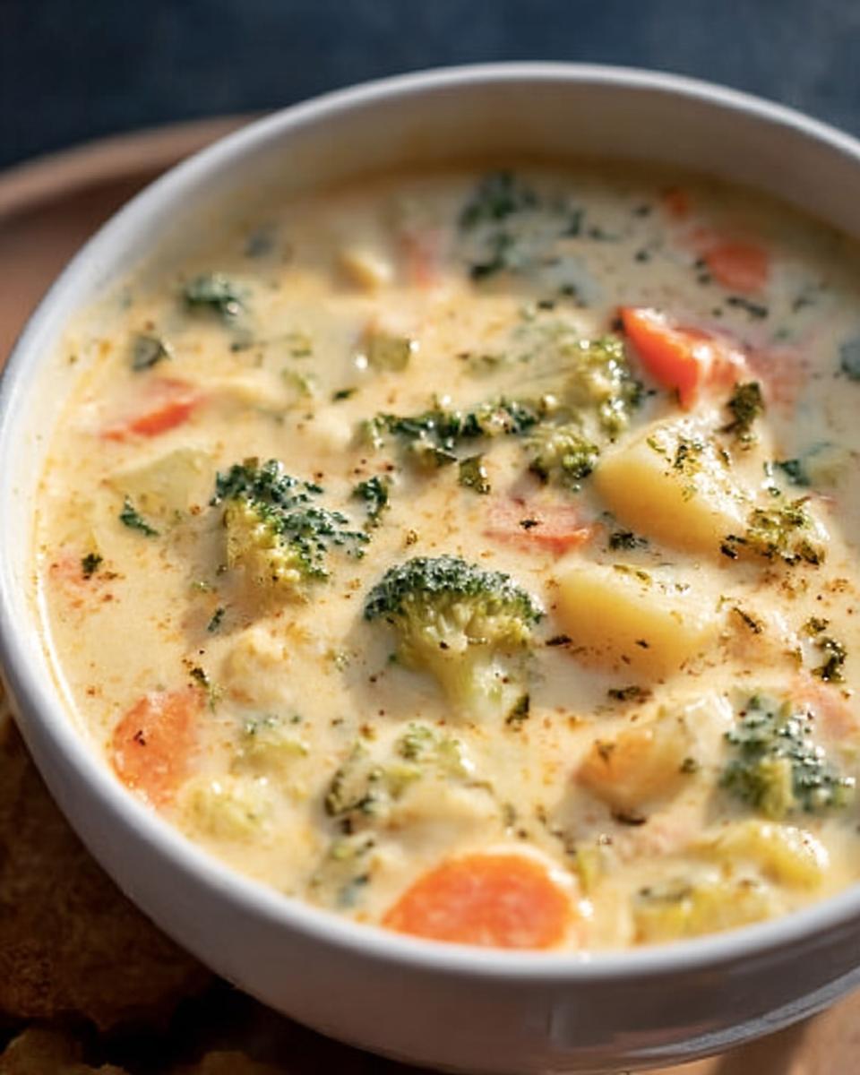 Close-up of a bowl of creamy Cheesy Vegetable Chowder with broccoli, carrots, and potatoes.