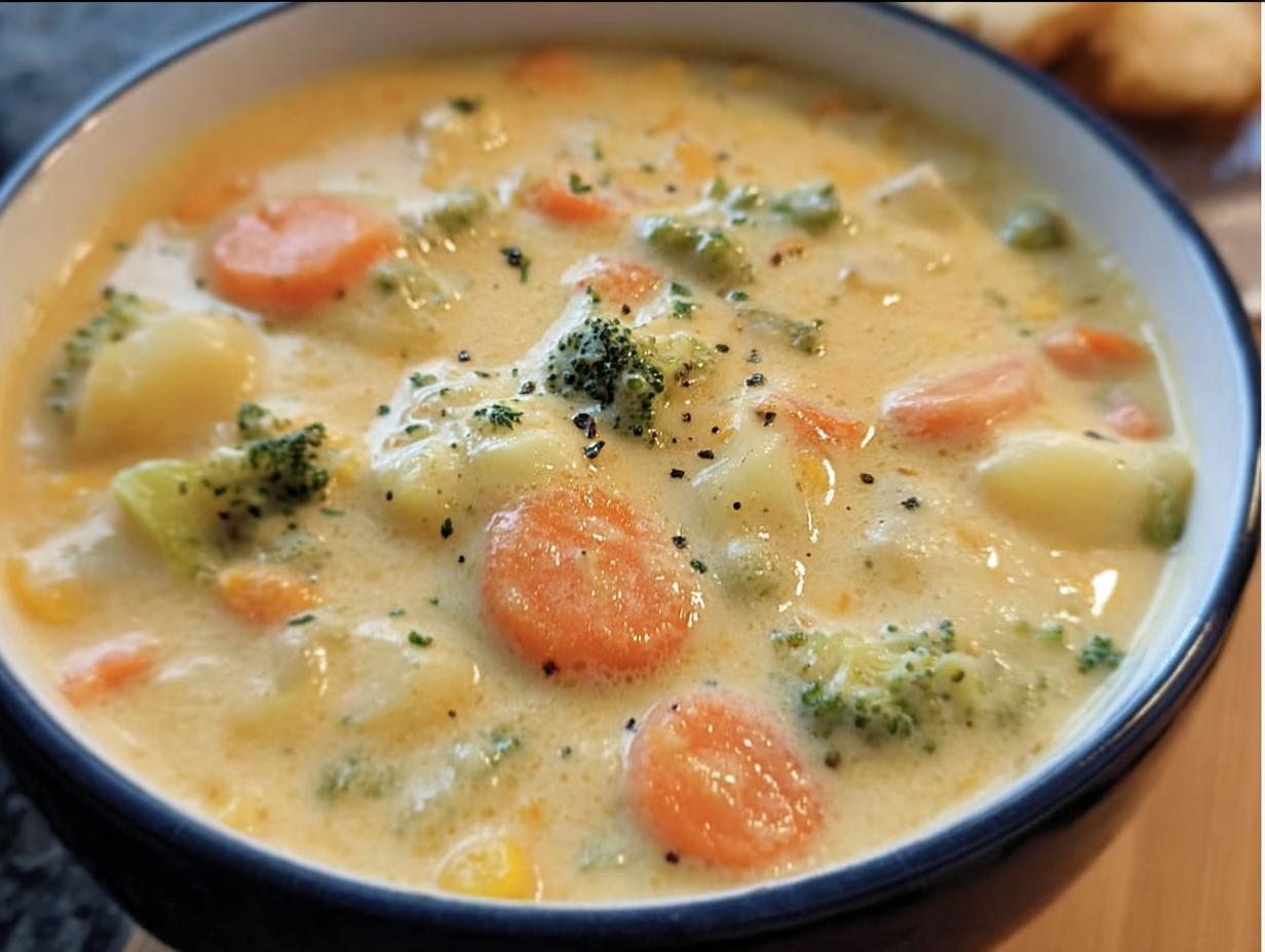 A comforting bowl of Cheesy Vegetable Chowder with broccoli, carrots, and potatoes.